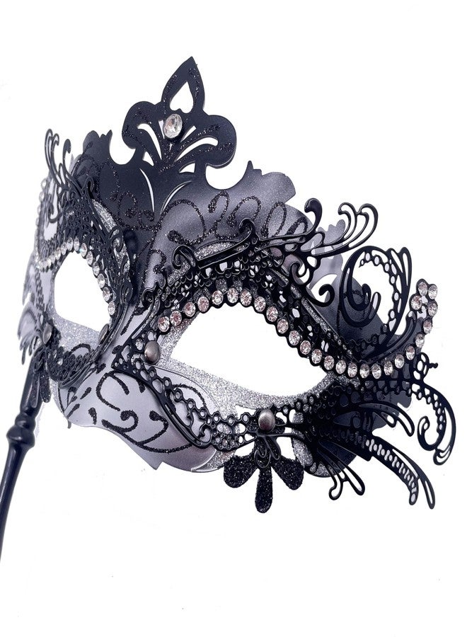 Geek-M Masquerade Mask for Women/Men, Fancy Party Face Mask Venetian Mask for Prom Ball Halloween Mardi Gras (masquerade mask with stick Sliver+Black) - Image 5